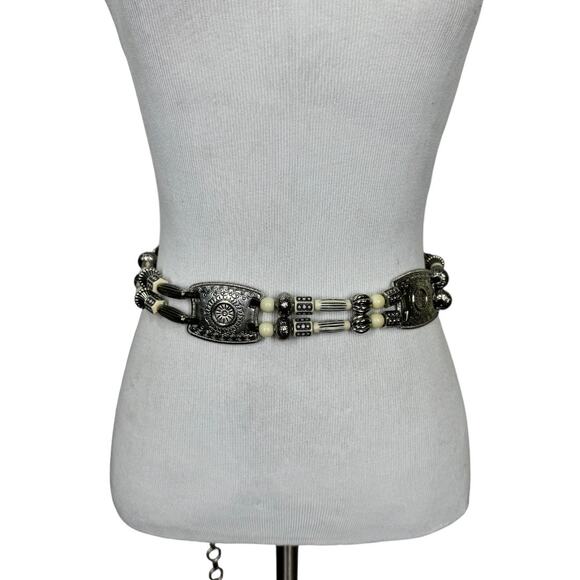 Vintage Western Beaded Medallion Concho Chain Belt Silver Tone Cream Festival - Picture 1 of 9